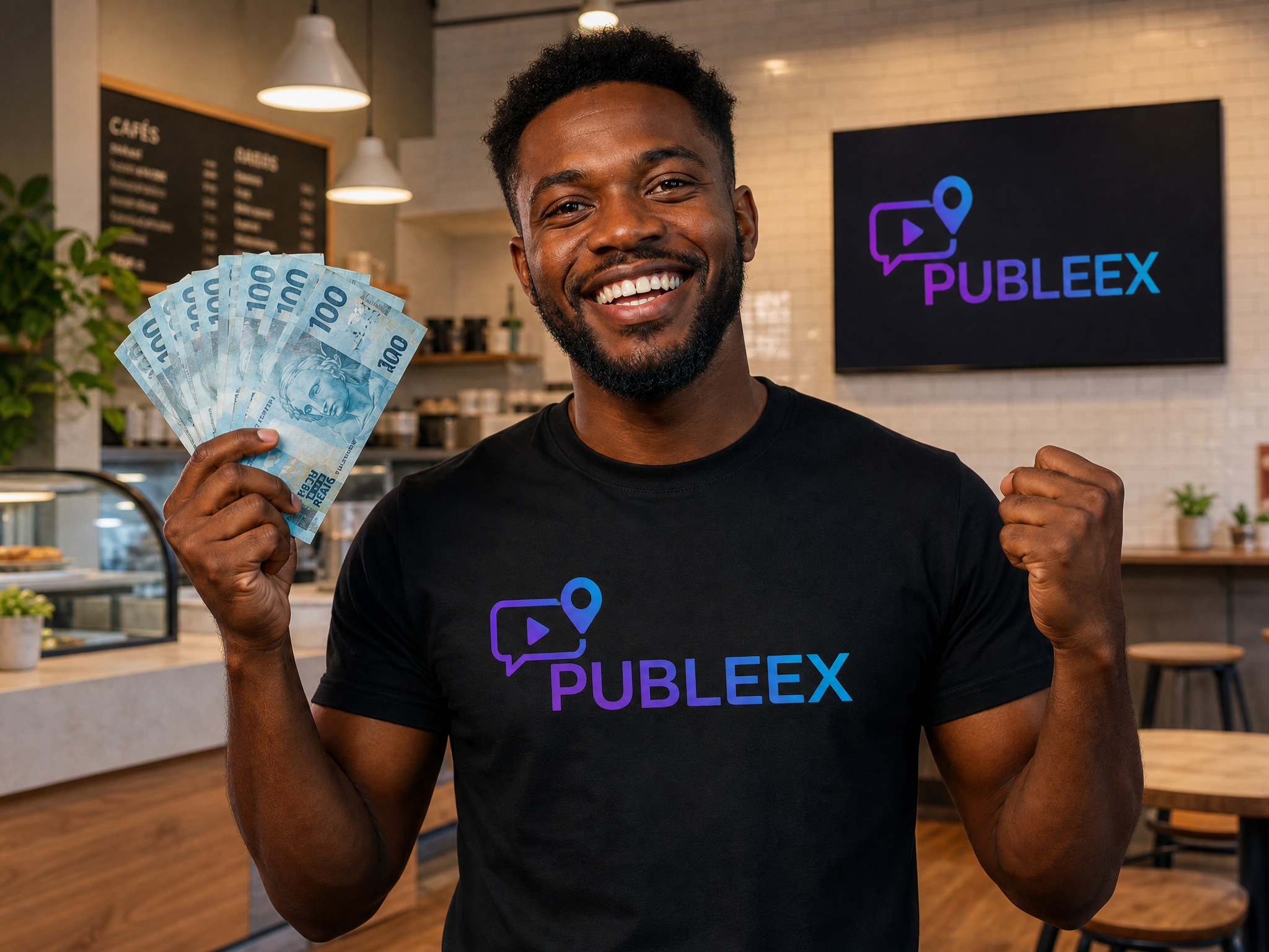Comerciante Publeex comemorando os ganhos com sua Smart TV